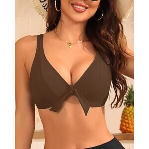 Women Brown Push Up Bikini Top Underwire V Neck Swimwear Knot Front S